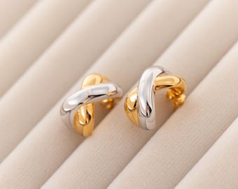 Two-Tone Twisted Dangle Hoop Earrings: Sterling Silver & 18k Gold Vermeil | Lightweight Chunky Studs