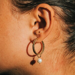Braided Pearl Drop Hoop Earrings – Textured Gold Vermeil Hoops with Dangling Freshwater Pearl – Elegant Sterling Silver Charm Earrings