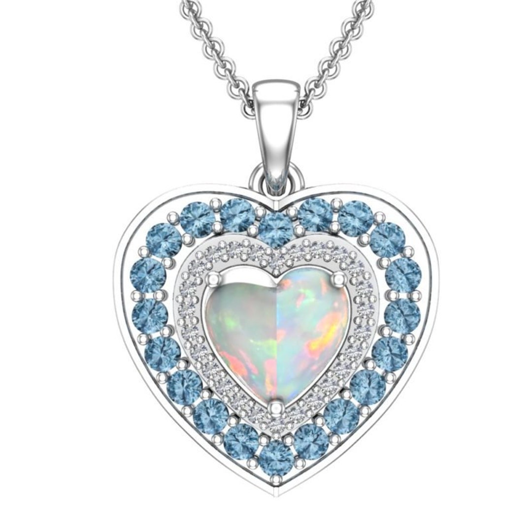 Natural Opal Heart Pendant With Blue Topaz & White Sapphire - Etsy