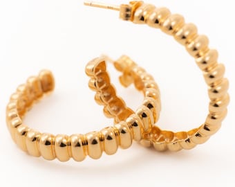Ridged Large Gold Hoops: 18k Gold Vermeil over Sterling Silver 20mm Earrings