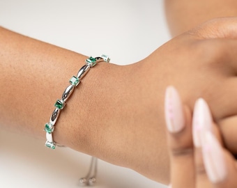 Sterling Silver Emerald Bolo Bracelet – Hypoallergenic, Durable Adjustable Gemstone Bracelet – Elegant May Birthstone Gift For Her