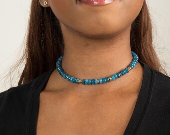 Blue Kyanite Beaded Necklace – 6mm Gemstones with Gold Accents (16-18 Inch)