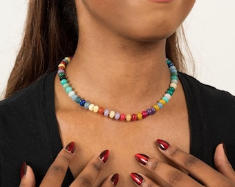 Multicolor Gemstone Beaded Necklace – 6mm Rainbow Beads with Gold Accents (16-18 Inch)