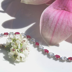 Ruby and White Topaz Tennis Bracelet: Sterling Silver with Natural Gemstones Vintage Jewelry