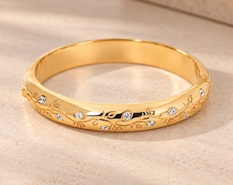 Floral Vine Bangle Bracelet – 18k Gold Vermeil Sterling Silver, Cubic Zirconia