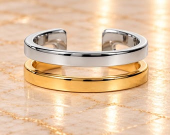 Mixed Metal Open Ring, Sterling Silver & 18K Gold Vermeil Ring, Two Tone Double Band Ring, Minimalist Adjustable Ring, Modern Jewelry