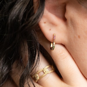 Multi-Gemstone U-Shaped Hoops | Gold Hoops with Click Clasps