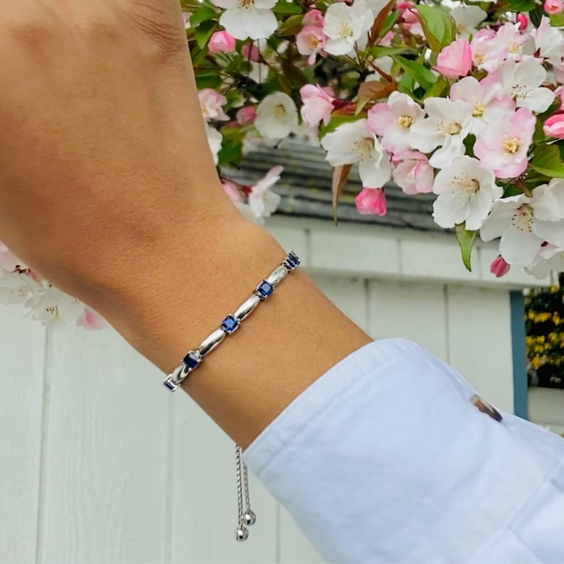 Sterling Silver Blue Sapphire Gemstone Pull Tie Bolo Bracelet, Elegant September Birthstone Adjustable Bolo Bracelet with Ball Clasp image 4