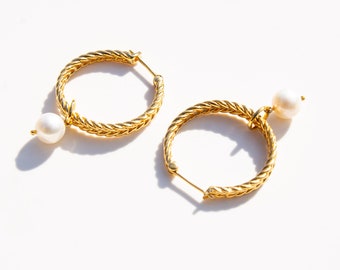 Sterling Silver Braided Pearl Drop Hoops | Gold Vermeil Pearl Drop Hoops | Pearl Earrings