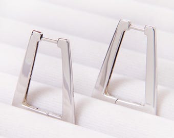 Silver Trapezoid Hoop Earrings – Geometric, Lightweight Drop Hoops earrings
