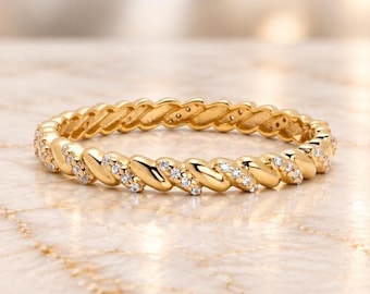 Pave Twist Infinity Band Ring, Dainty CZ Eternity Ring, Gold Twisted Band, Sterling Silver Stackable Ring, Sparkling Wedding Band