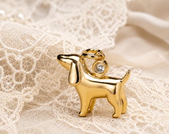 Gold Vermeil Dog Charm Necklace – Sterling Silver Puppy Pendant with White Stone