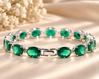 Oval Gemstone Tennis Bracelet in Sterling Silver – Chunky Vintage Ruby, Emerald & Sapphire Jewelry