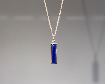 14k Solid Gold Lapis Lazuli Necklace: Minimalist Bar Pendant