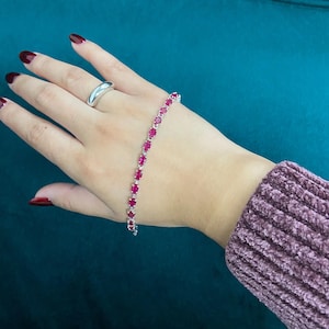Ruby Tennis Bracelet – Sterling Silver Gemstone, July Birthstone Vintage Jewelry