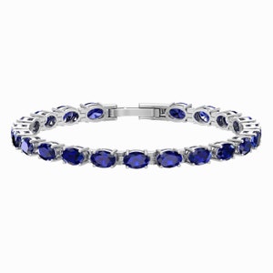 Blue Sapphire Tennis Bracelet – Sterling Silver Oval Cut Natural Gemstones – 10.77 CTW September Birthstone Gift for Her