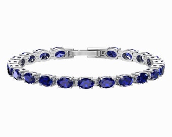 Bracelet en argent sterling 6 x 4 mm taille ovale 9 CTW bleu saphir | Bracelet Tennis Saphir Bleu Femme