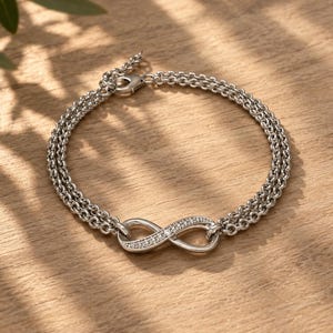 May include: A silver-toned double chain bracelet featuring a central infinity symbol charm. The infinity charm is embellished with small, clear, sparkling stones along one side. The bracelet includes a lobster claw clasp for secure fastening.