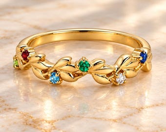 Personalized Floral Birthstone Ring, Family Birthstone Ring, 18K Gold Vermeil Sterling Silver, Mothers Ring, Custom Botanical Jewelry Gift