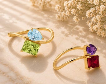 Personalized Toi et Moi Birthstone Ring – 7x5mm Pear & Radiant Cut Gemstones | 18k Gold Vermeil Custom Two Stone Ring