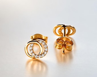 Pavé Double Circle Stud Earrings, 18K Gold Vermeil Sterling Silver Earrings, CZ Circle Studs, Minimalist Geometric Earrings, Gift for Her