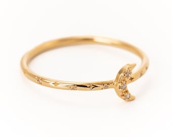 Bague croissant de lune étoile : or 18 carats vermeil argent sterling CZ bijoux vintage