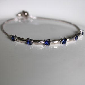 Sterling Silver Blue Sapphire Gemstone Pull Tie Bolo Bracelet, Elegant September Birthstone Adjustable Bolo Bracelet with Ball Clasp image 3