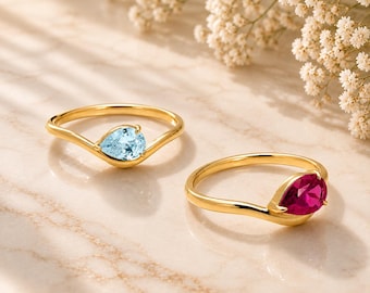 Personalized Pear Birthstone Ring – 7x5mm Gemstone Ring in 18k Gold Vermeil over Sterling Silver | Custom Birthstone Gift