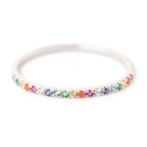 Rainbow Pride Ring – Sterling Silver Half Eternity Ring – Thin Stackable Ring with Rainbow Stones – Perfect Gift for Her and Him