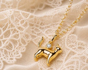 Cat Charm Necklace – Gold Vermeil Cat Pendant with White Stone | Sterling Silver Pet Lover Gift, Cable or Box Chain