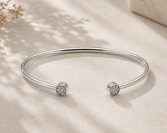 Sterling Silver Open Cuff Bangle – Flexible Bracelet with White Pavé Stones | Dainty Adjustable Everyday Bracelet