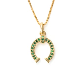 18k Gold Vermeil Emerald Horseshoe Charm: Sterling Silver Luck Pendant