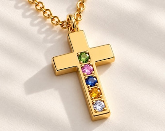 Personalized Birthstone Cross Pendant, 18K Gold Vermeil Sterling Silver, Family Birthstone Cross Charm, Custom Christian Jewelry Gift