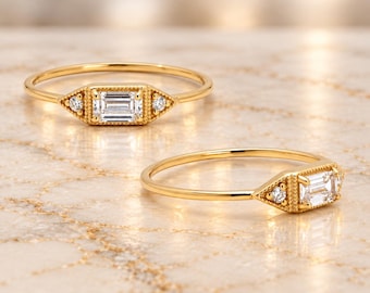 Art Deco Dainty Ring, Emerald Cut CZ Ring, Vintage Inspired Gold Ring, Geometric Sterling Silver Ring, Minimalist Statement Ring