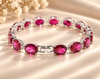 Oval Gemstone Tennis Bracelet in Sterling Silver – Chunky Vintage Ruby, Emerald & Sapphire Jewelry