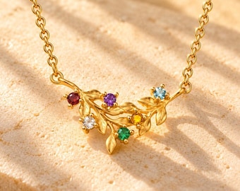 Personalized Floral Birthstone Necklace, Family Birthstone Branch Necklace, 18K Gold Vermeil Sterling Silver, Mothers Necklace, Custom Gift
