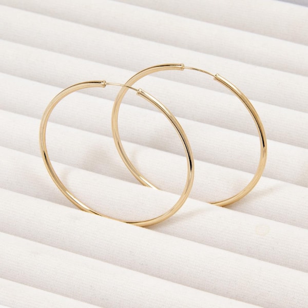 14k Solid Gold Endless Hoop Earrings, Thin Lightweight Minimalist Everyday Jewelry