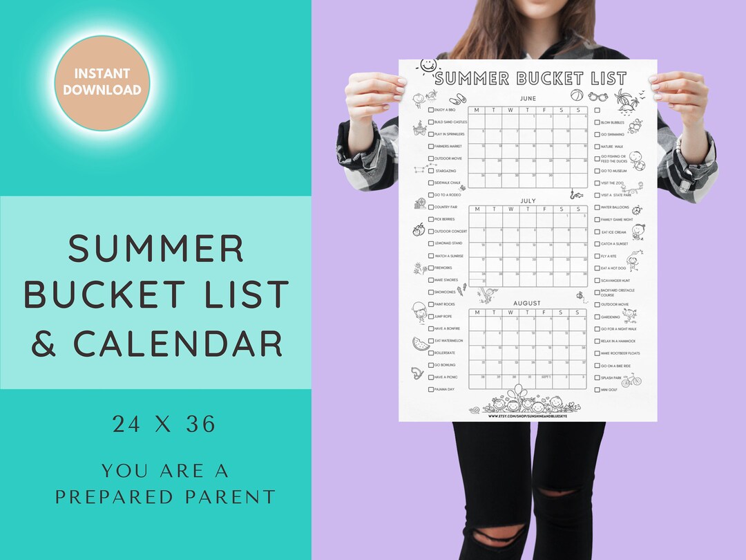 Summer Bucket List & 3 Month Summer Calendar DIGITAL FILE 24 X Etsy