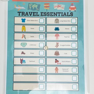 ラミネート加工された旅行必需品、子供用衣類パッキングチェックリスト、整理整頓、旅行、セルフヘルプ、セルフケア、自立