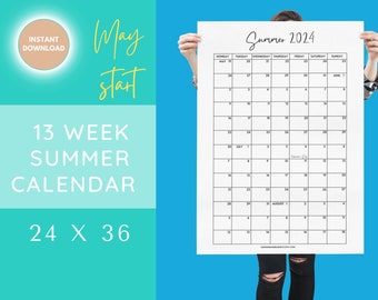 Summer Planning Calendar Poster (24x36 inch poster) - Organize Your Mom Life! Digital Copy - 13 weeks MAY START - Wall Calendar - Full size