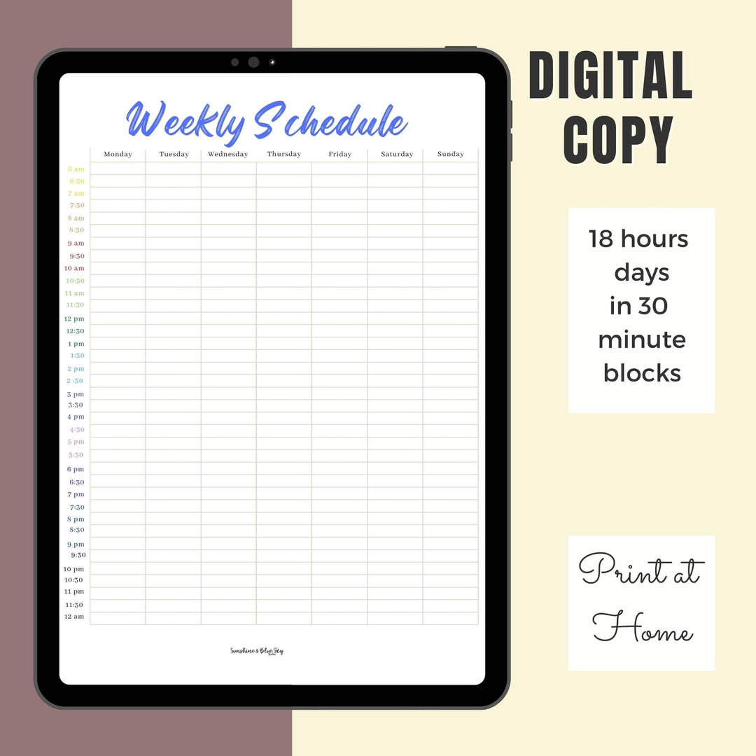 Weekly Schedule 30 Minute Increments in One Page DIGITAL DOWNLOAD - Etsy
