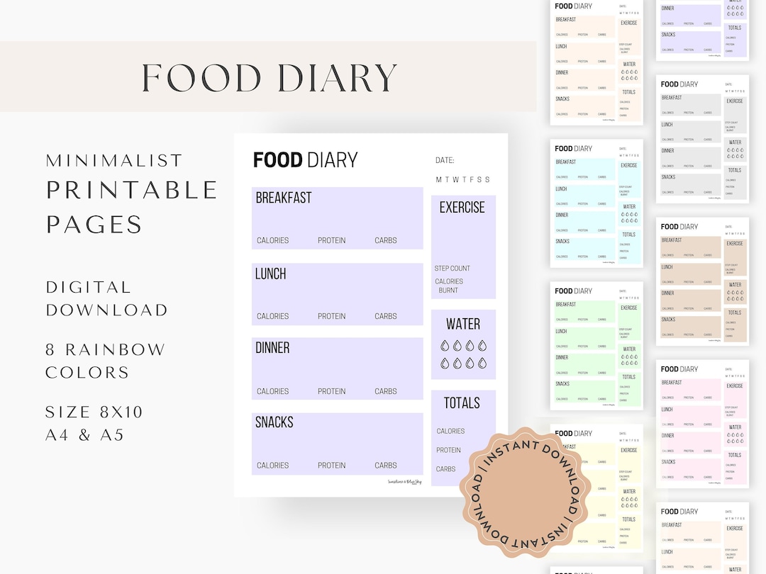 Digital Food Diary 8 Pages Minimalist Food Calorie Journal Tracker