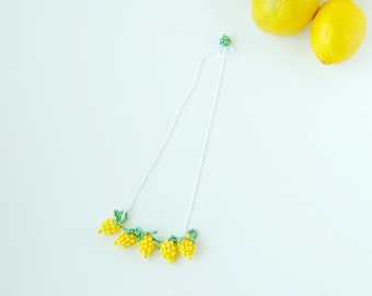 Yellow long beaded lemon necklace | Handmade beaded fruit | beaded lemon | beaded jewelry | mixed beaded necklace | summer necklace