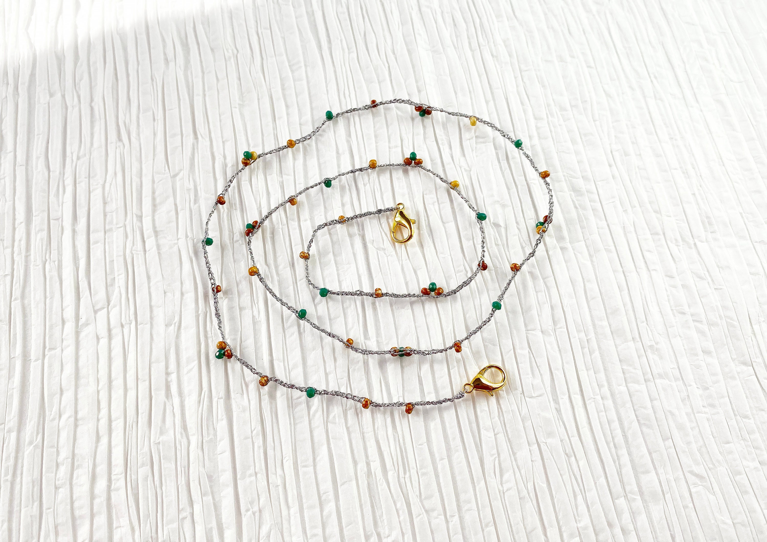 Handmade metallic crochet barley green beads mask eyeglasses chain Crochet bead necklace Crochet jewelry Beaded crochet chain jewelry