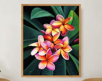 Impresión artística de plumeria, arte de pared botánico grande de color rosa, impresión hawaiana vibrante, decoración de pared bohemia tropical colorida, decoración de casa de playa, regalo de Hawái