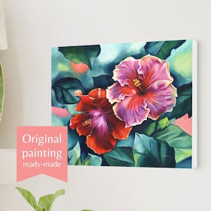 Hawaii flower oil painting, Hibiscus canvas ORIGINAL, Floral coastal wall art canvas, Botanical abstract painting, Colorful beach painting