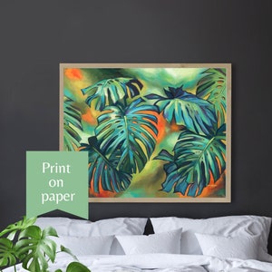 Green tropical leaves art PRINT, Monstera deliciosa art, Emerald green painting, Abstract tropical wall art, Colorful boho wall decor