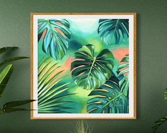 IMPRESIÓN grande de monstera verde y rosa, Impresión de arte de hoja de vegetación tropical, Arte de pared verde coral y esmeralda Pintura de playa Regalo de amante de planta de interior
