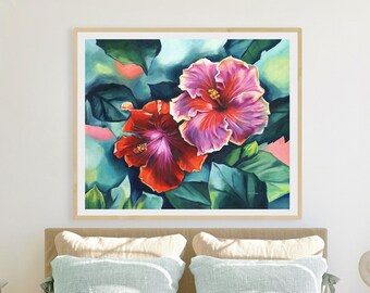 Red tropical flowers PRINT, Hibiscus large giclee wall art, Abstract floral oil painting, Bright coastal wall decor, Over the bed artwork