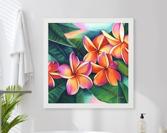 Arte de pared de plumeria colorido IMPRESIÓN, pintura al óleo de flores hawaianas, arte de pared de baño con temática de playa Decoración boho tropical costera, arte amante de las plantas
